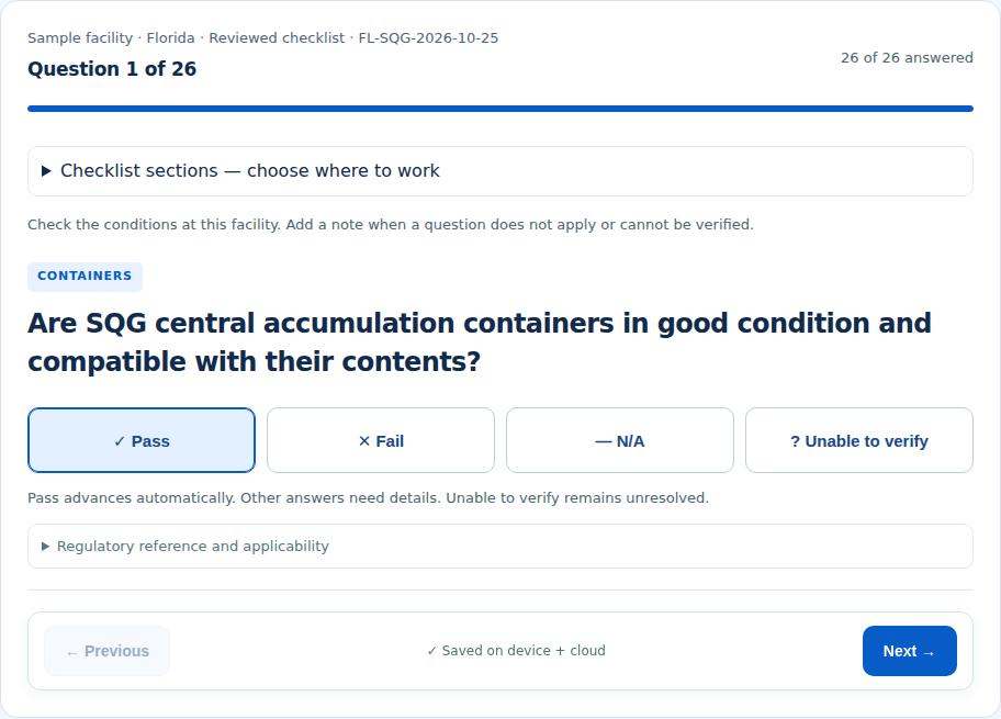 Bluebird Compliance inspection screen showing a container-condition question, progress, and Pass, Fail, N/A and Unable to verify answers.